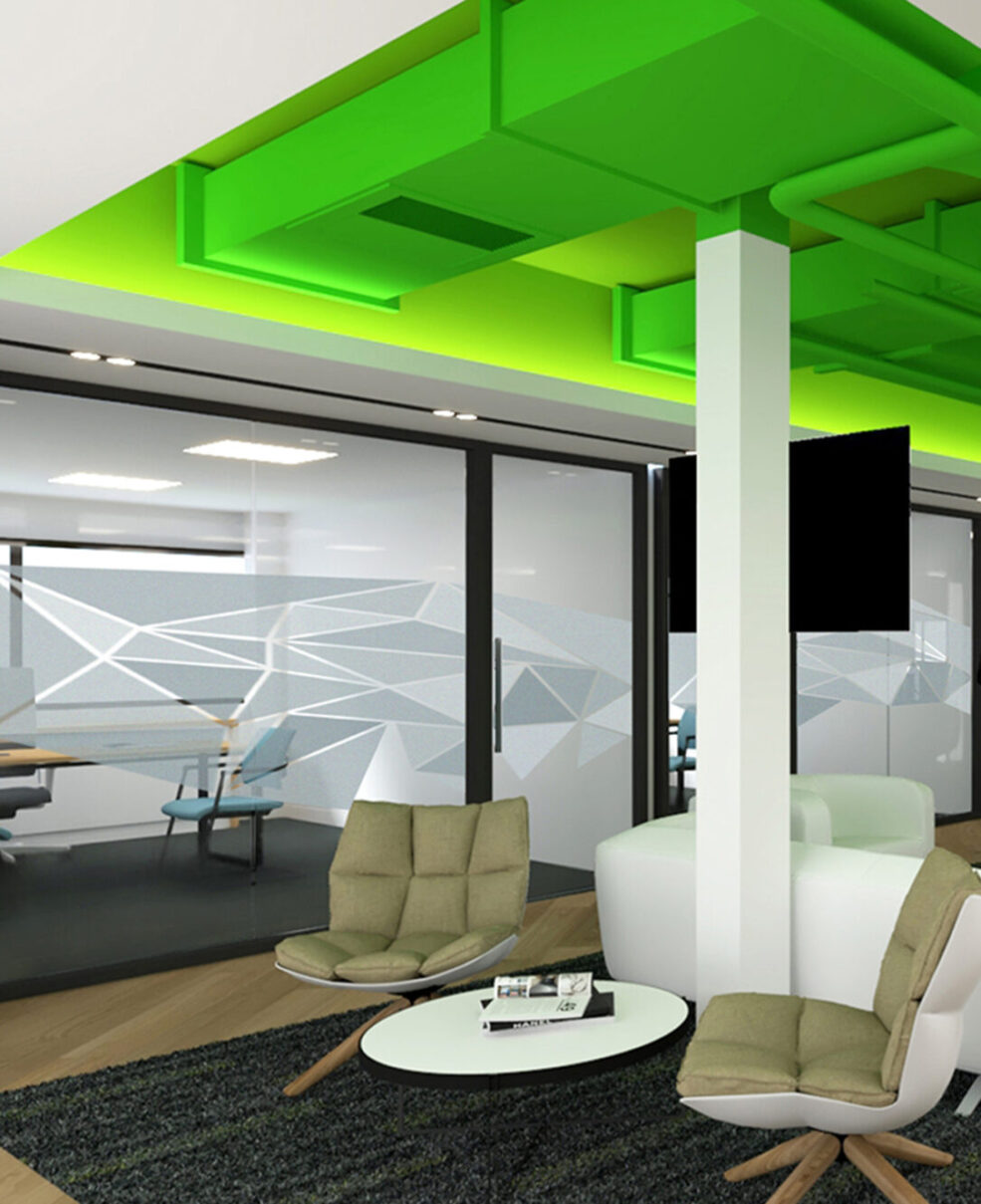 office interior design with a neon green modern ceiling