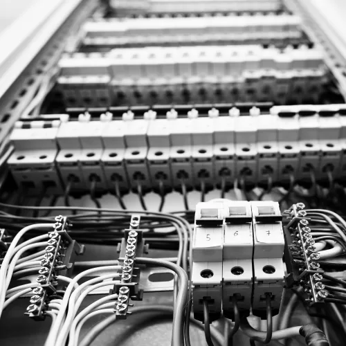 close up view of electrical panel with fuses